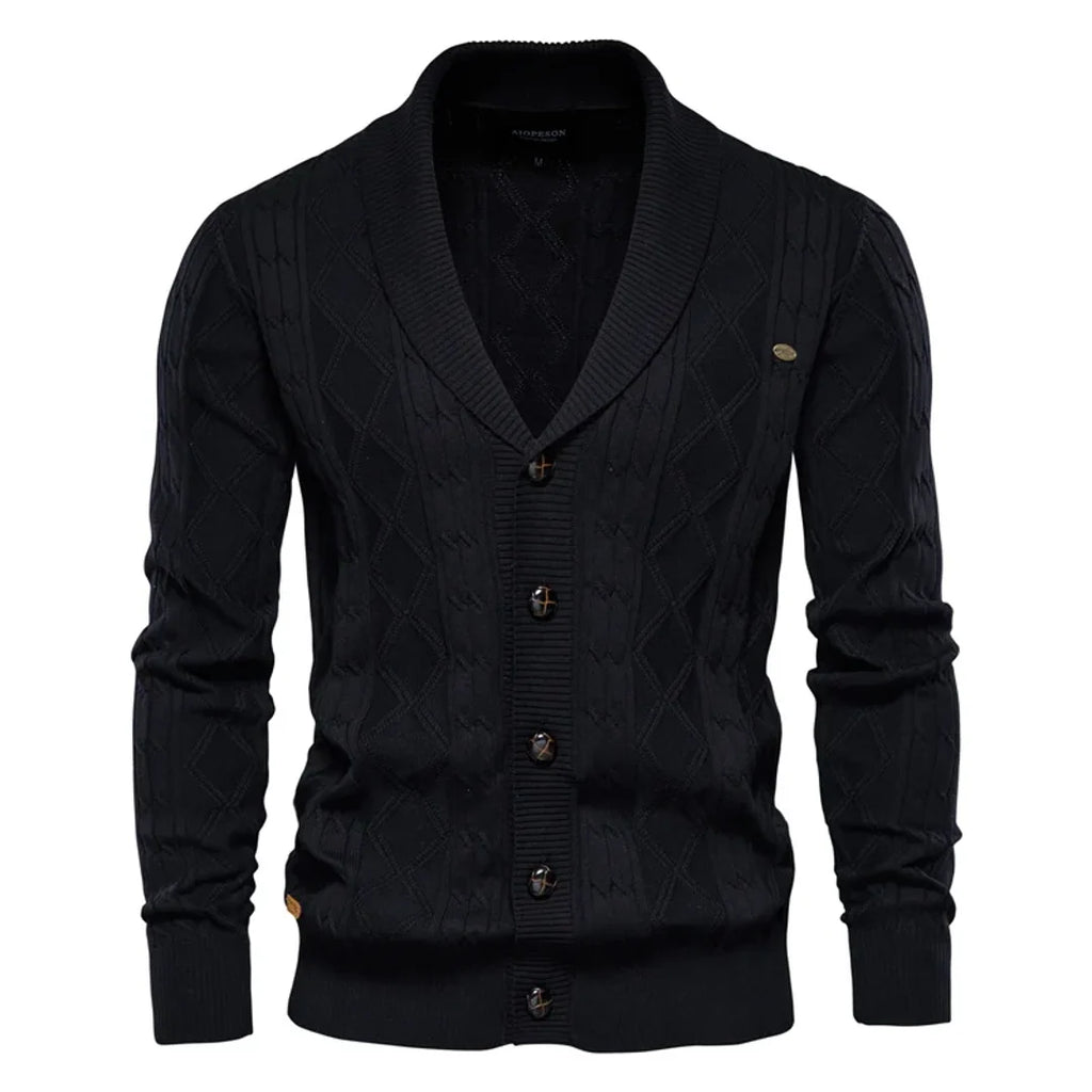 Men's black shawl collar cable knit cardigan