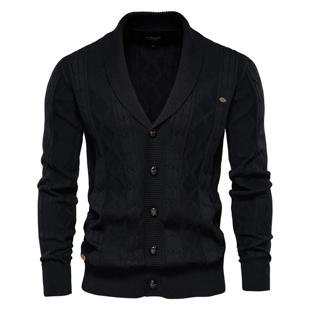 Men's black shawl collar cable knit cardigan