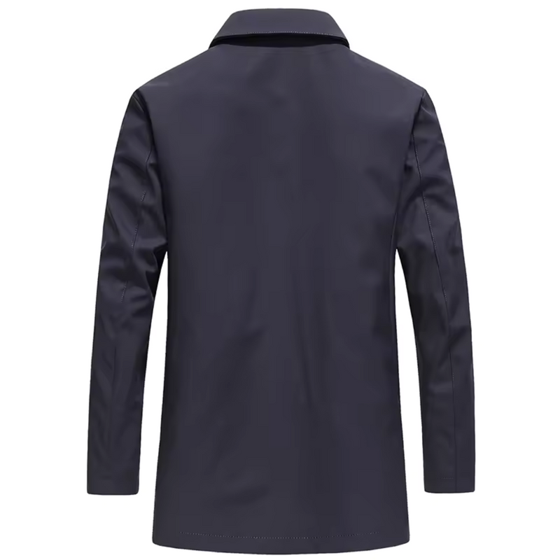 Men's navy blue single-breasted coat – back view