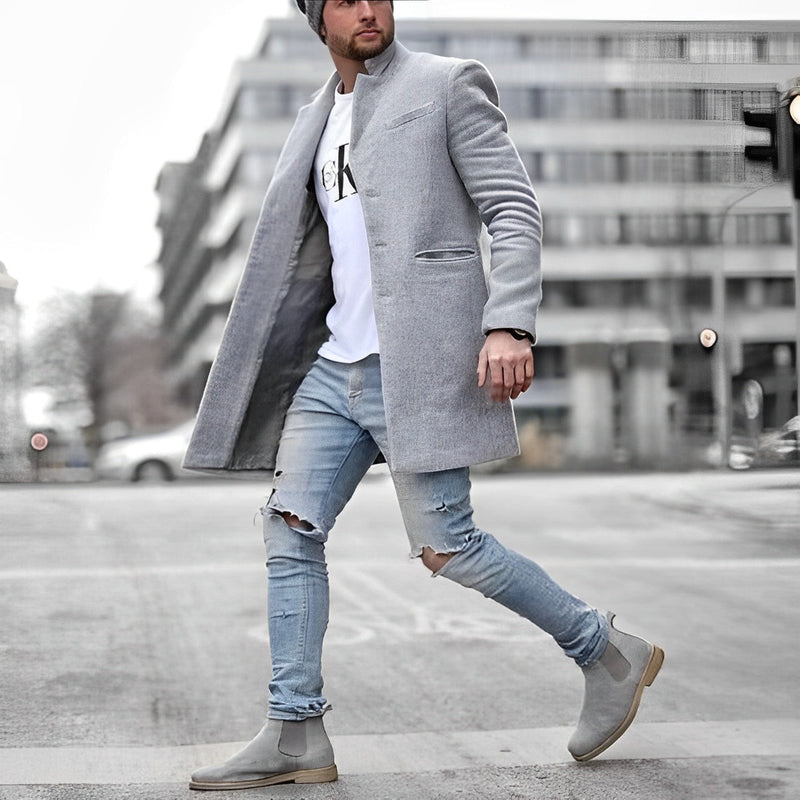 Men's Single-Breasted Long Coat with Notched Lapels for City Days