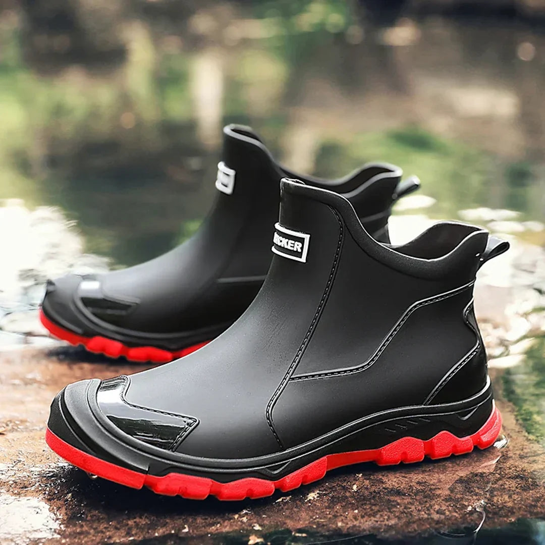Men's black rain ankle boots with red sole