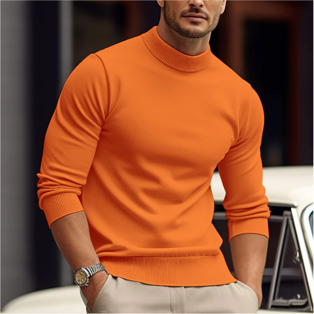 Man wearing an orange crew neck sweater