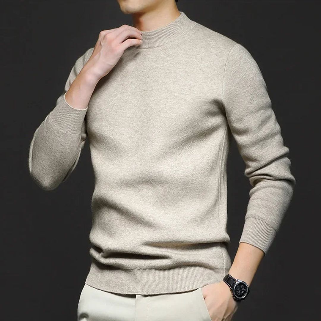 Men's soft knit half turtleneck sweater in oatmeal