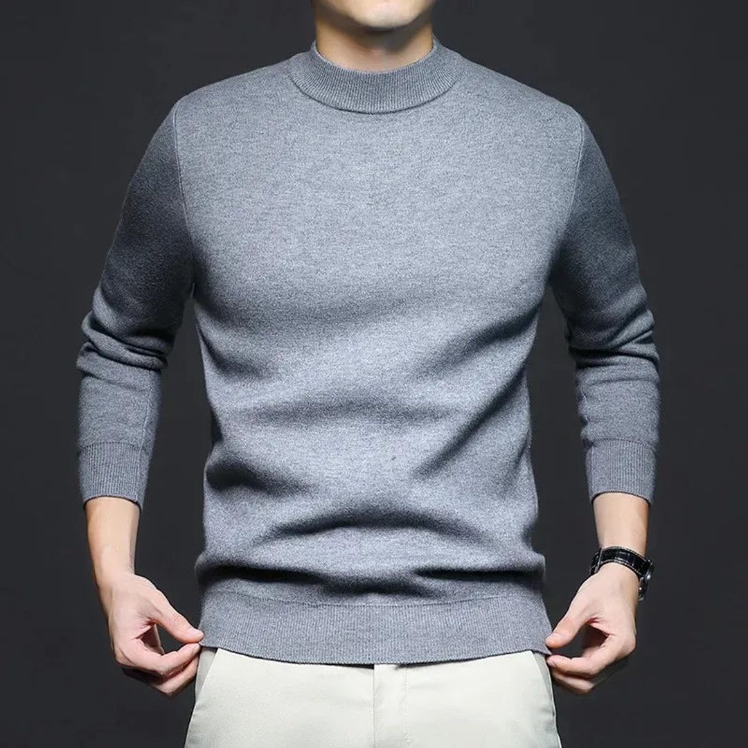 Men's soft knit half turtleneck sweater in light grey