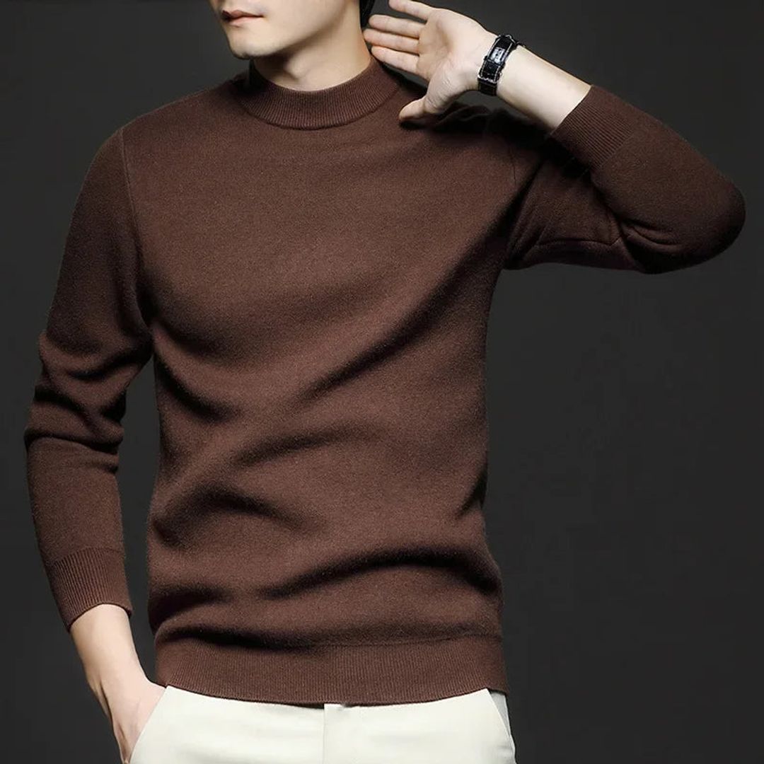 Men's soft knit half turtleneck sweater in brown