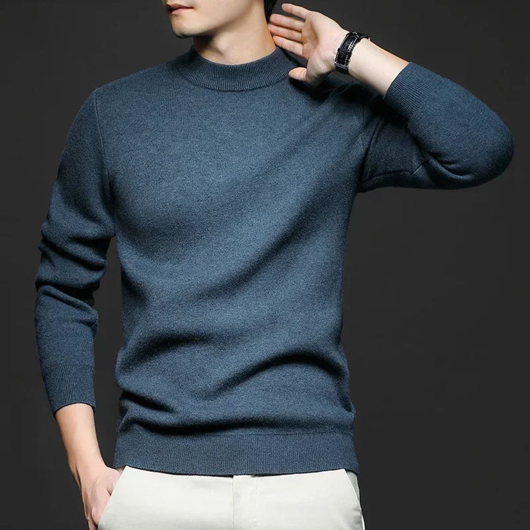 Men's soft knit half turtleneck sweater in steel blue