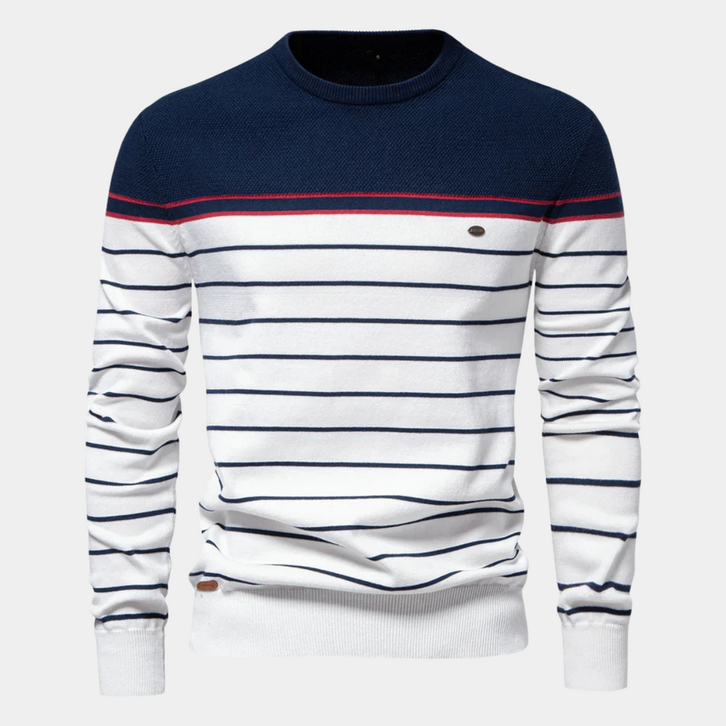 Men's navy and white striped crew neck sweater