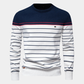 Men's navy and white striped crew neck sweater