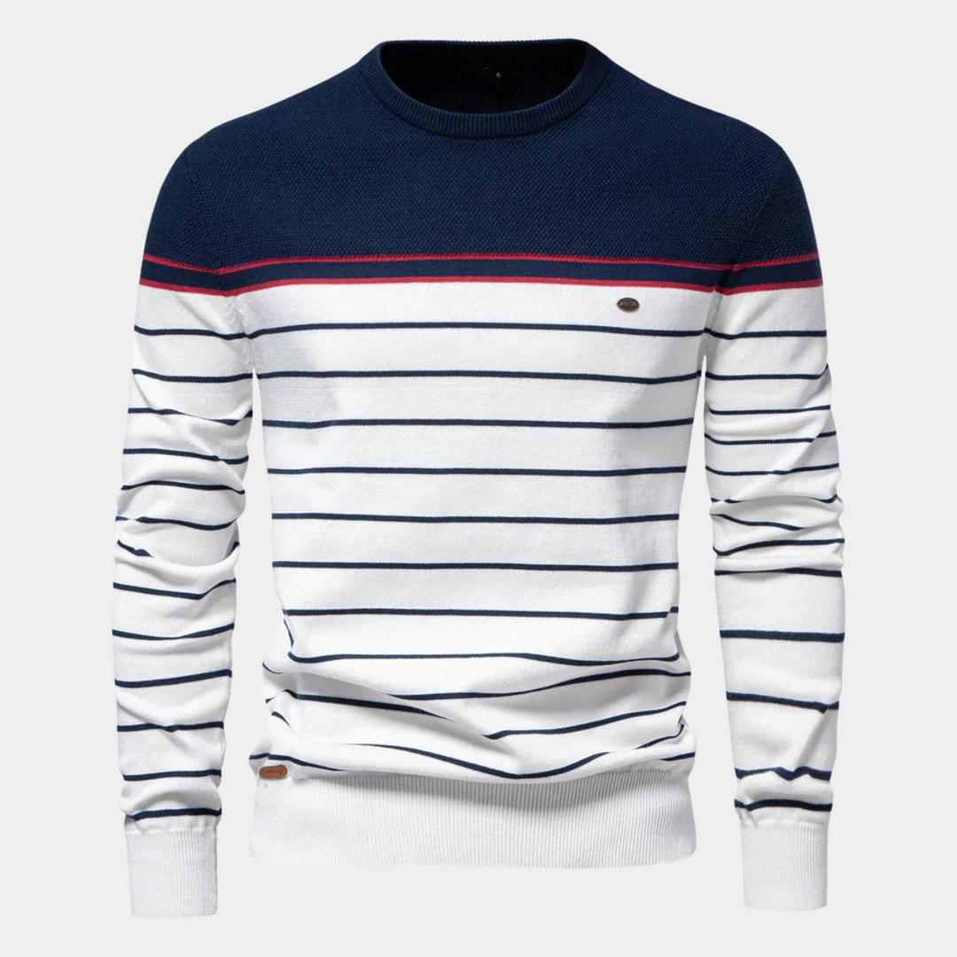 Men's navy and white striped crew neck sweater
