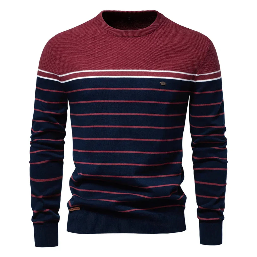 Men's navy sweater with red stripes