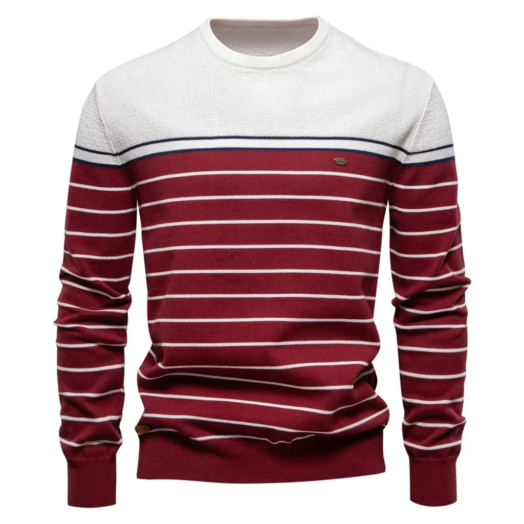 Men's white and red striped crew neck sweater