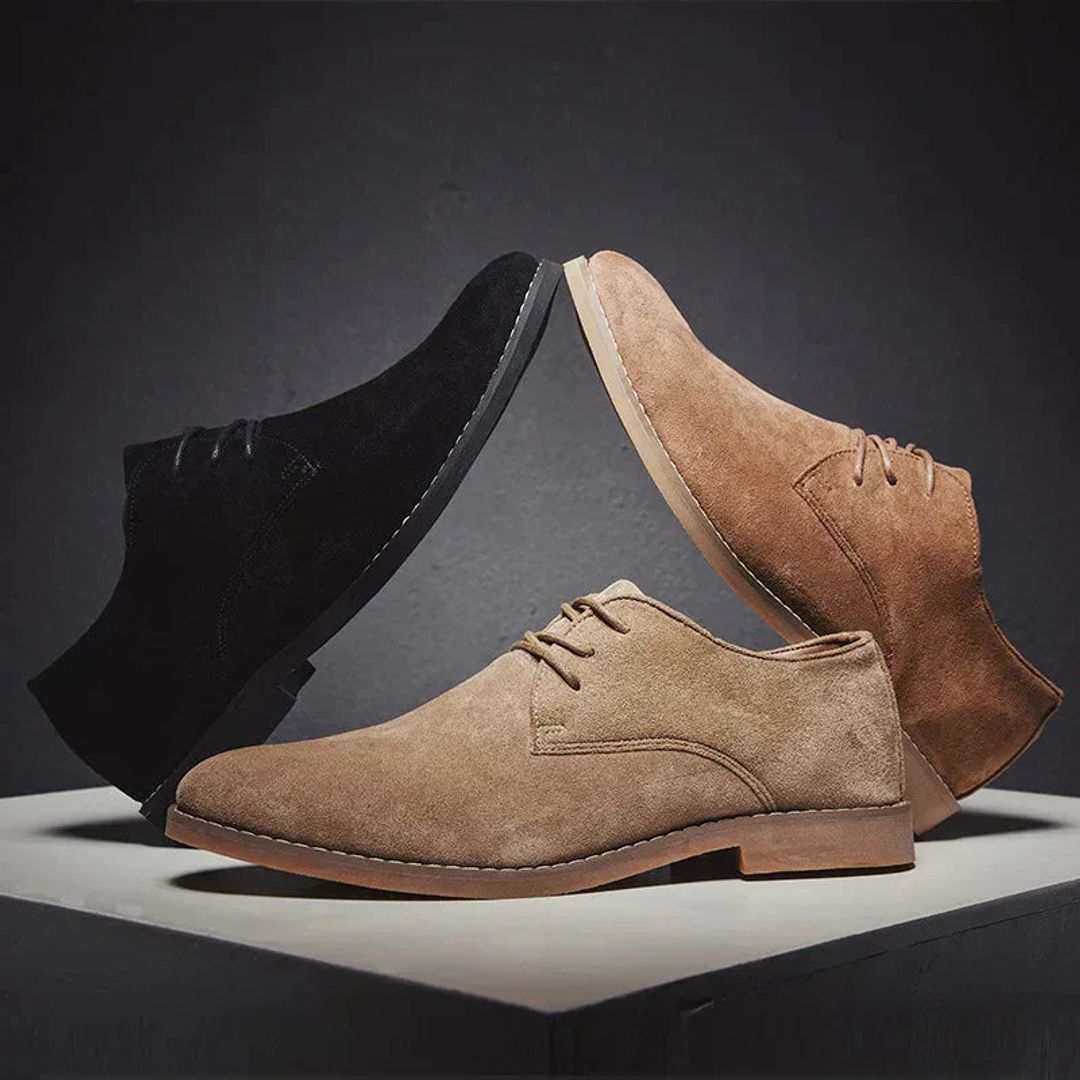Men's suede look derby shoes, sand and black pair