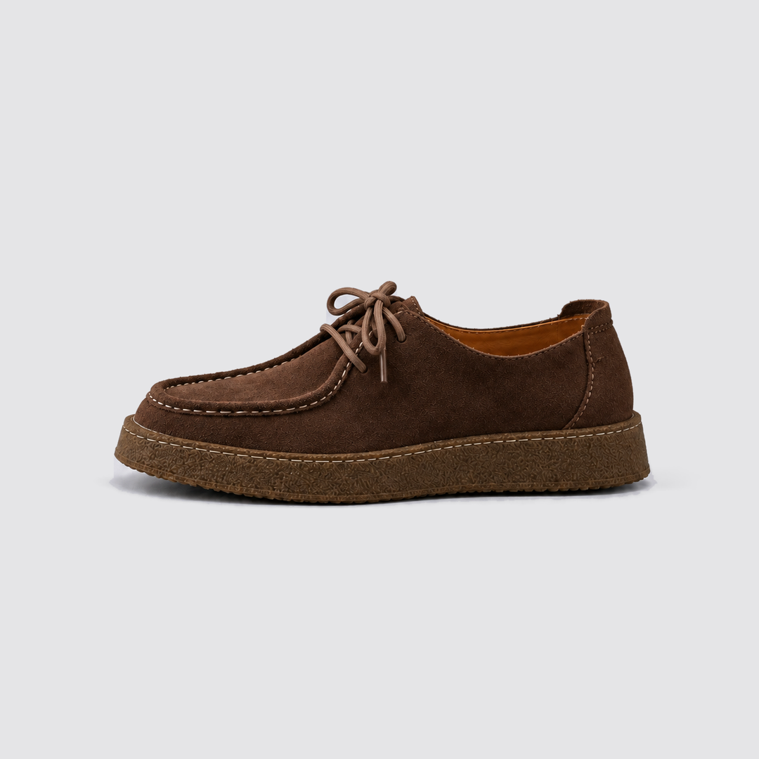 Men's dark brown suede-look moccasin shoe – side view