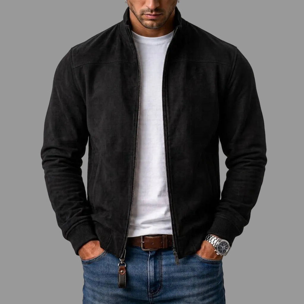 Men's black suede-look stand collar jacket