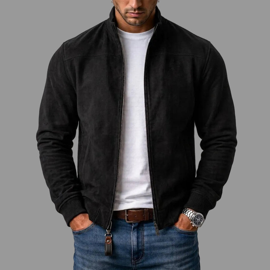 Men's Suede-Look Stand Collar Jacket with Full Zip for Everyday Wear