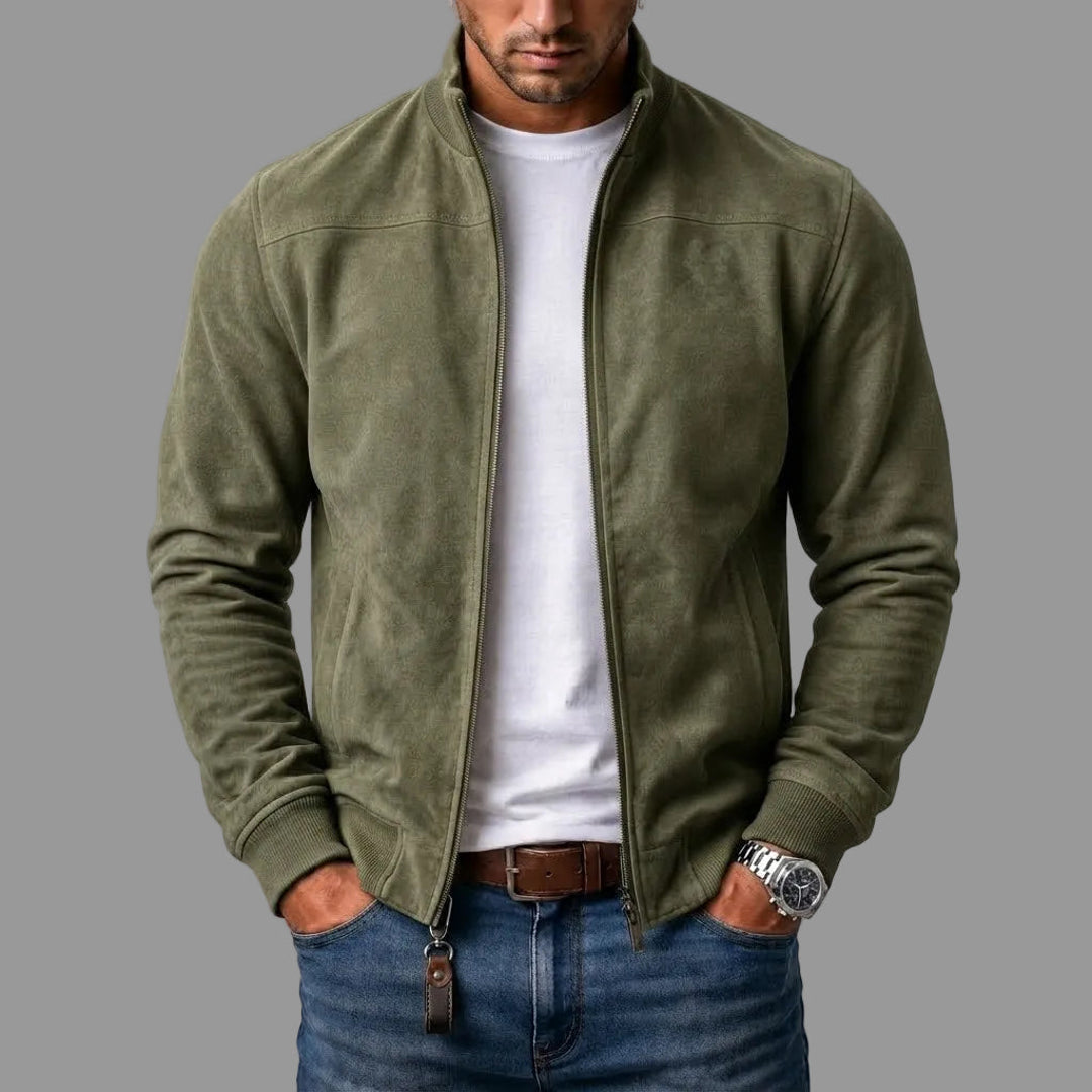 Men's olive suede-look stand collar jacket
