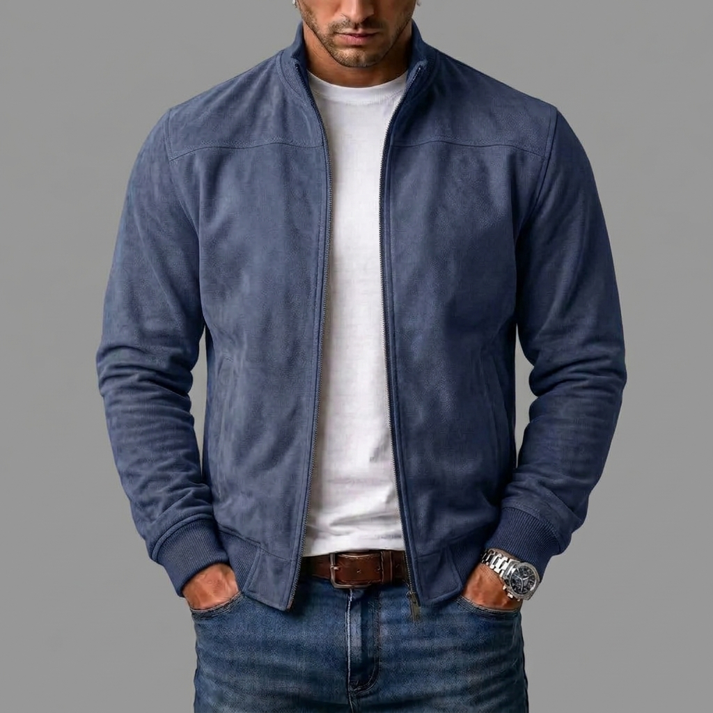 Men's navy suede-look stand collar jacket