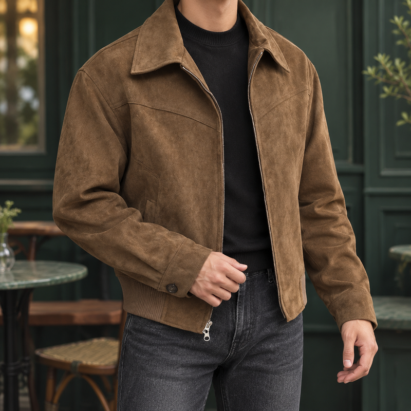 Men's Suede-Look Zip Jacket with Pointed Collar for Autumn Days