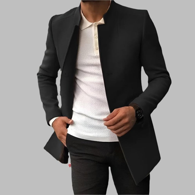 Men's tailored coat with stand collar in black