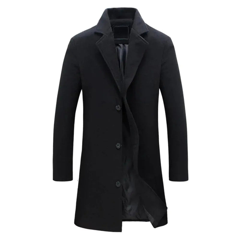 Men's black knee-length coat – front view