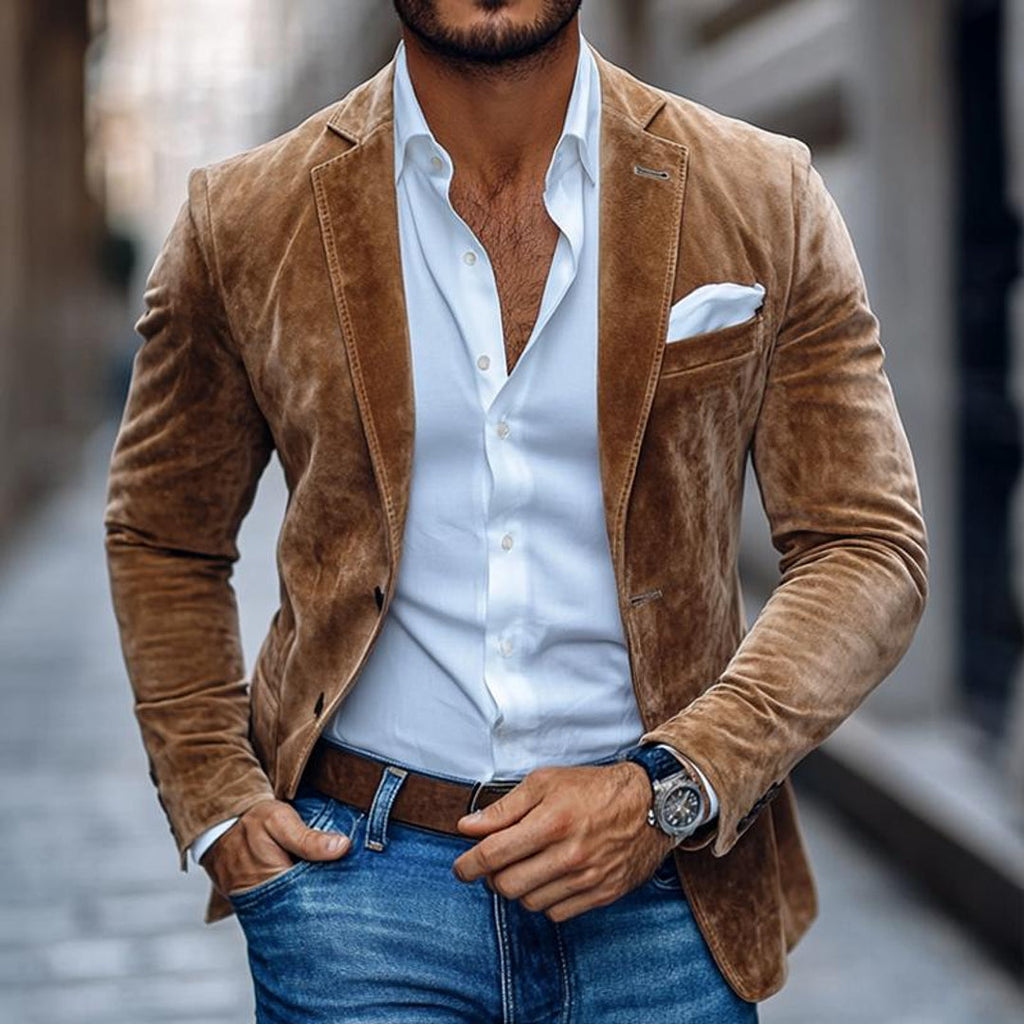 Man wearing a brown suede-look blazer with jeans