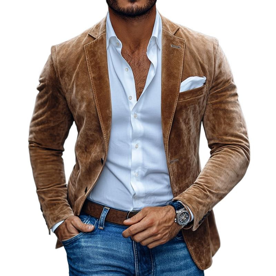 Men's brown tailored blazer with pocket square