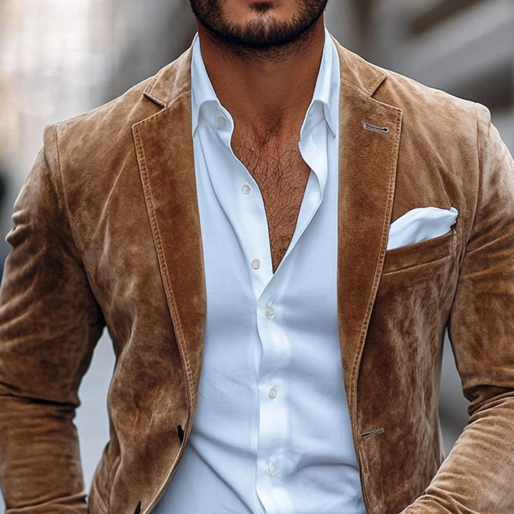 Close-up of the brown suede-look blazer lapels
