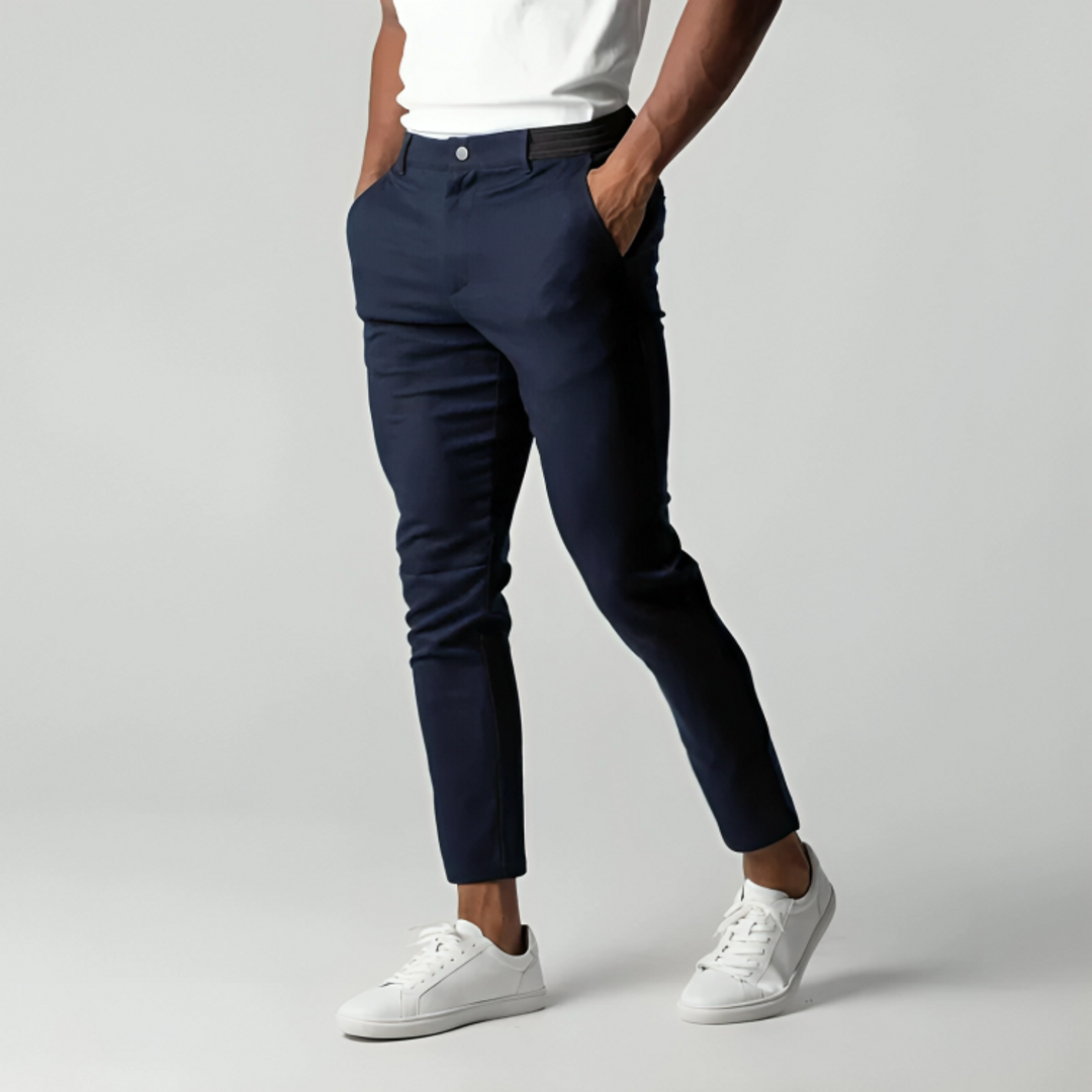 Men's navy blue tapered chinos – side view