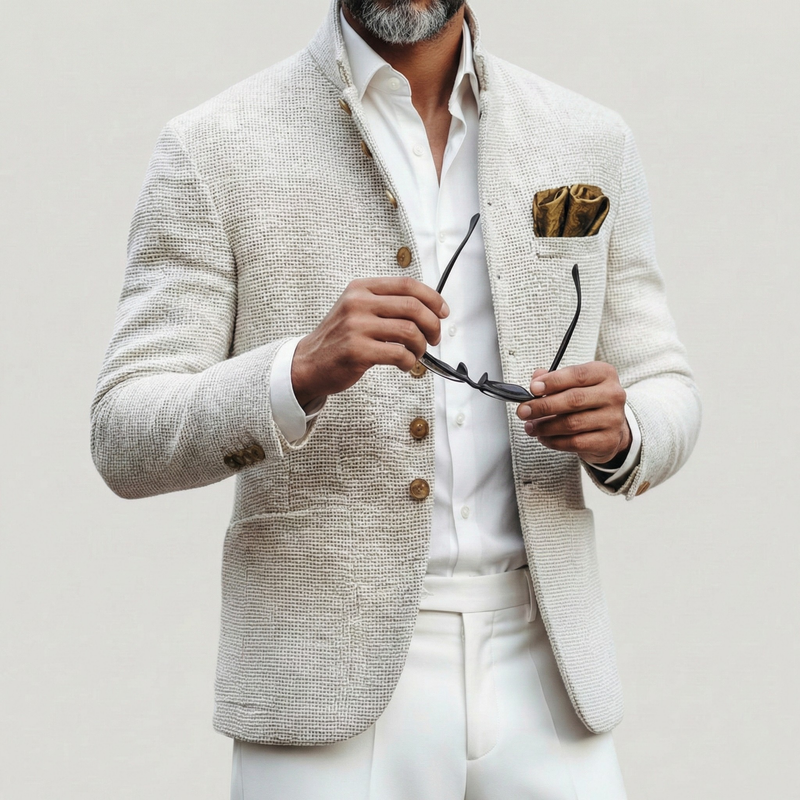Man wearing the white knit blazer cardigan