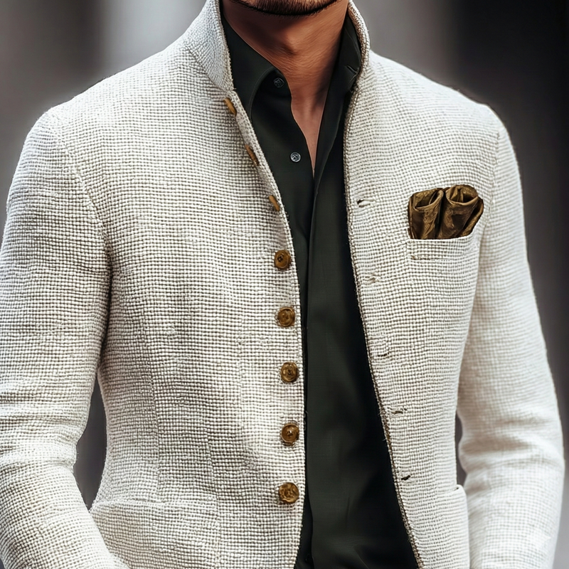 Close-up of the textured knit and buttons