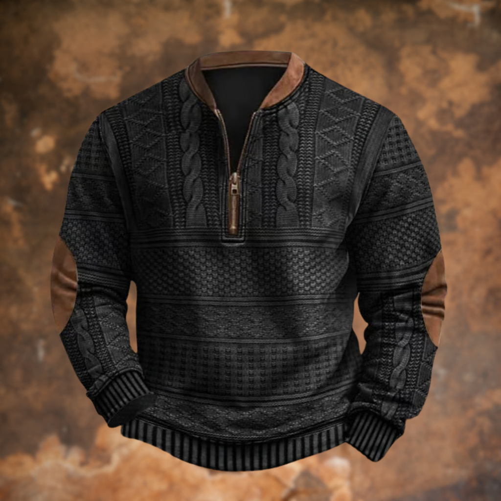 Men's black half-zip sweater with contrast collar