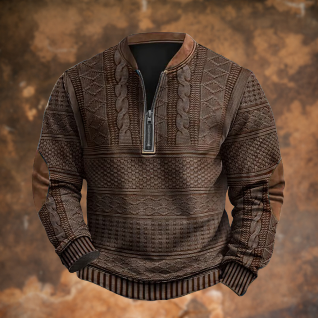 Men's brown knit half-zip sweater with elbow patches