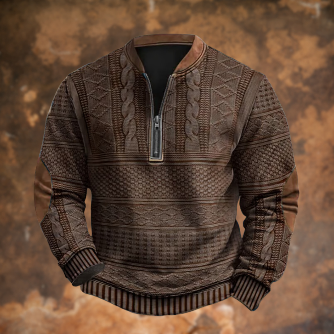 Men's brown knit half-zip sweater with elbow patches