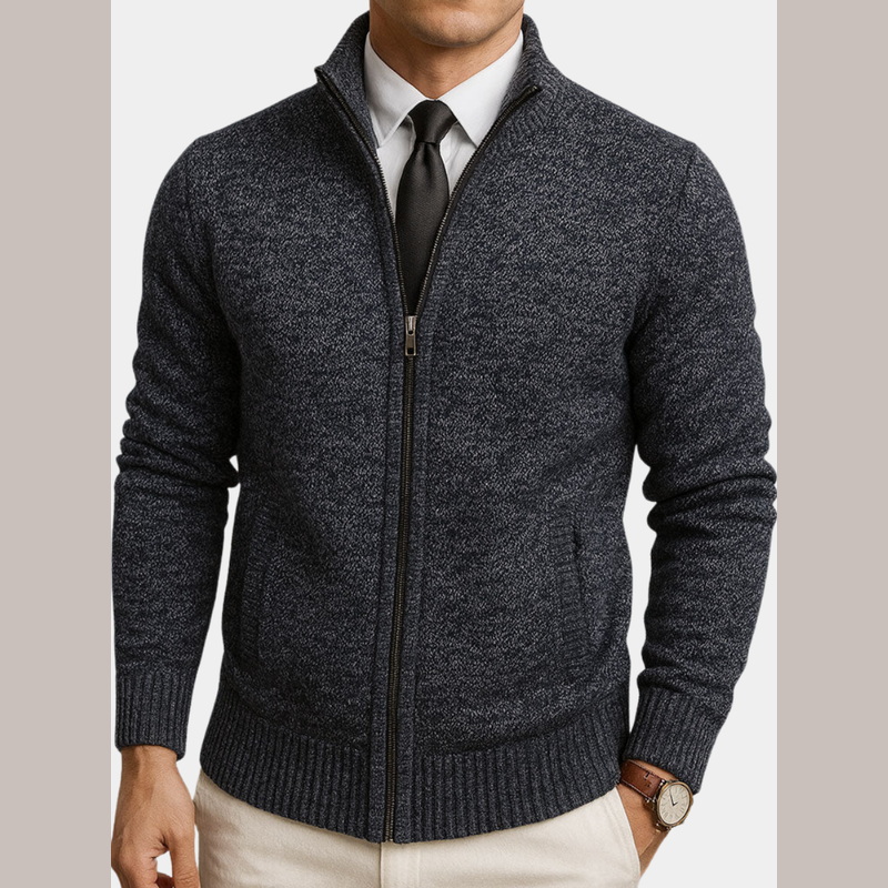 Men's Textured Knit Zip Cardigan with Stand Collar for Smart Casual Days