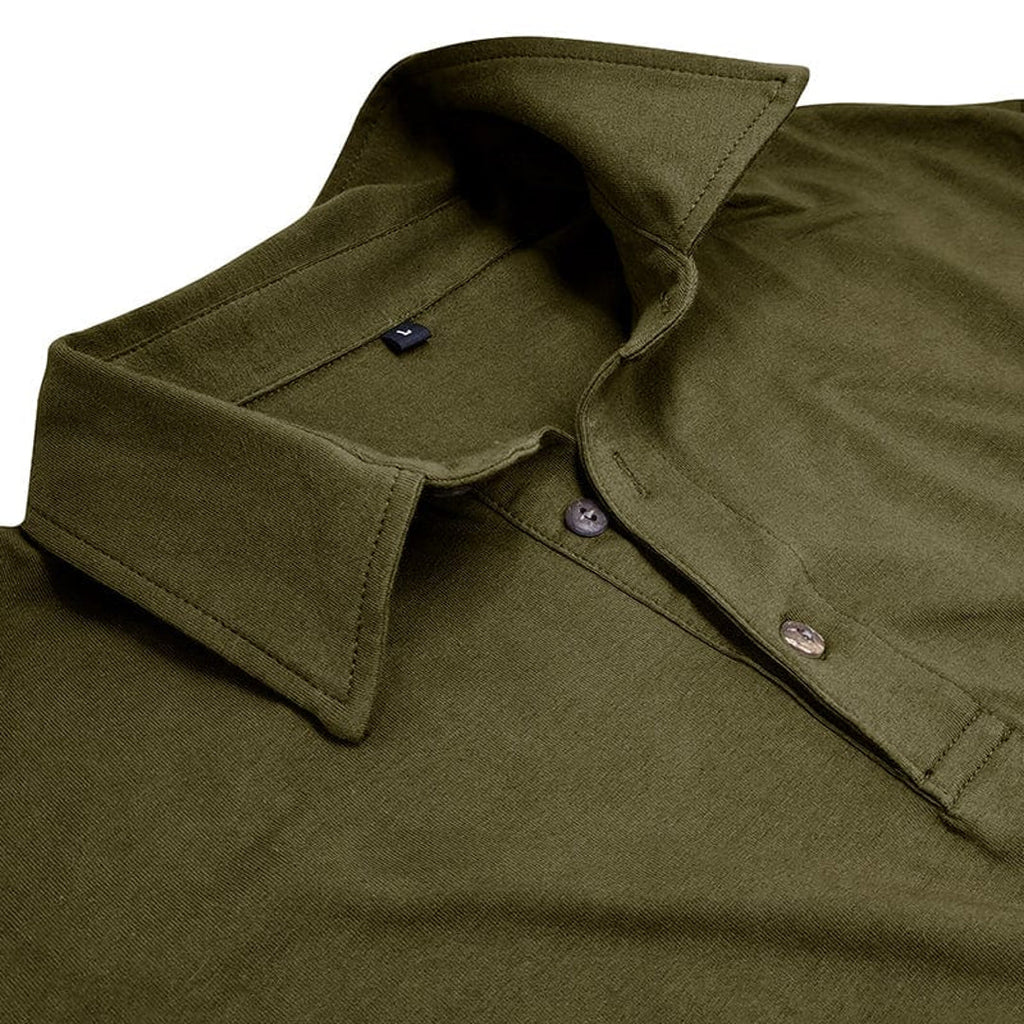 Close-up of the collar on the army green polo