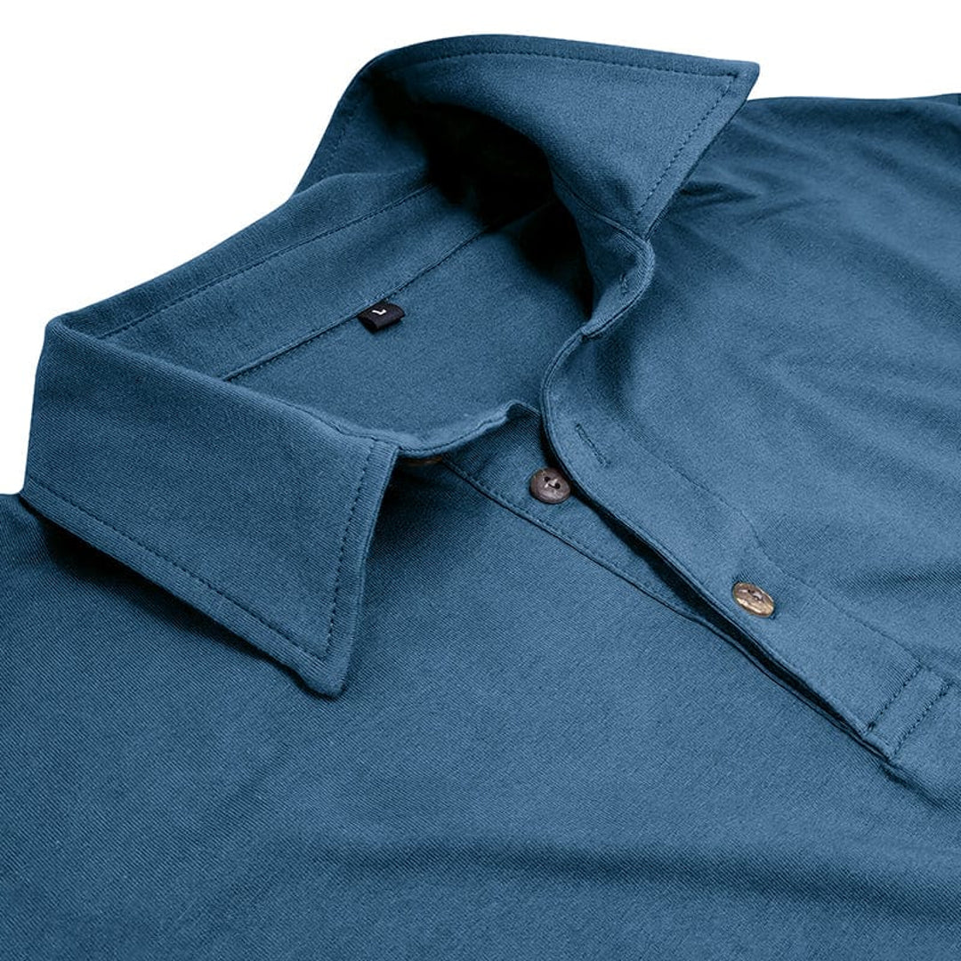 Close-up of the collar on the blue polo
