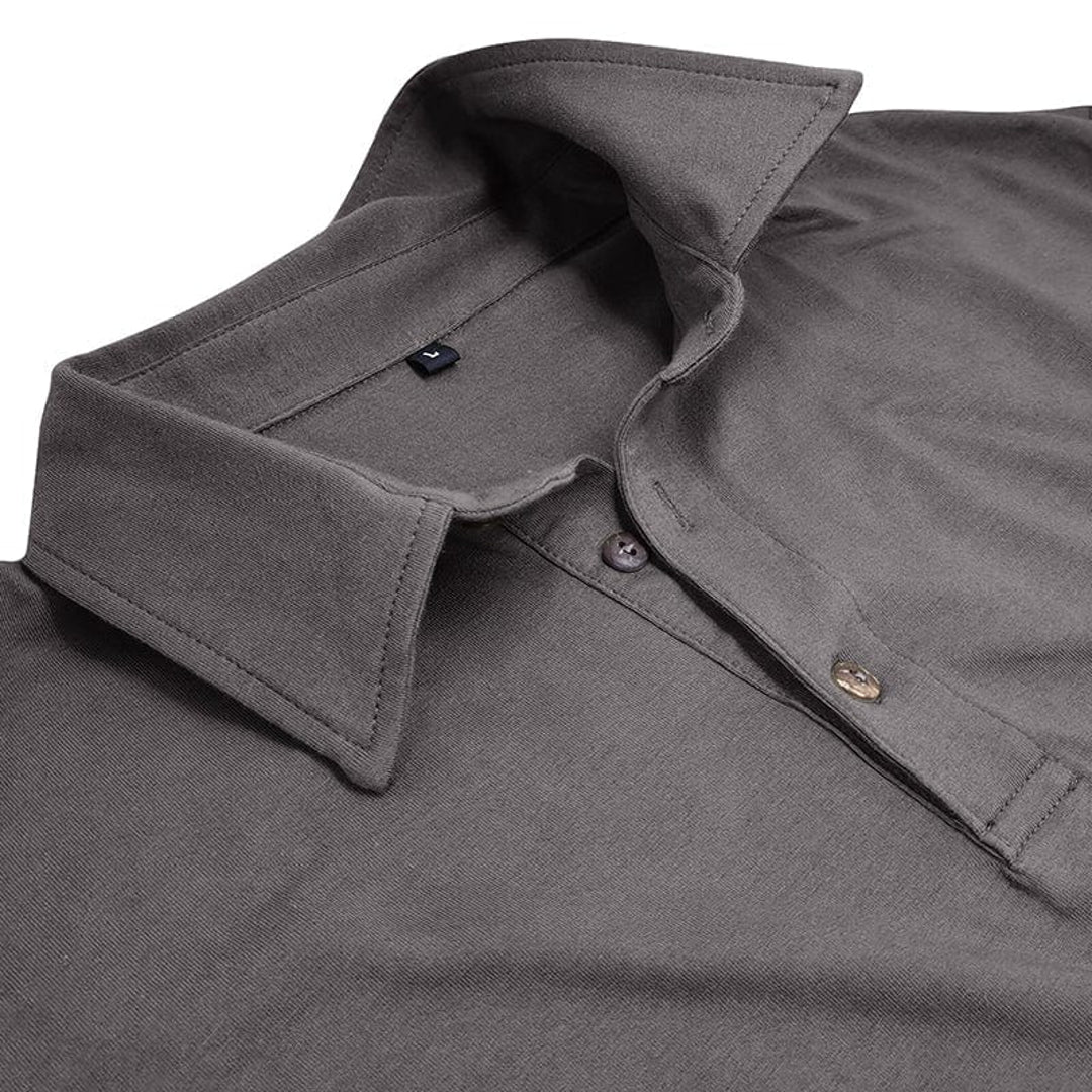 Close-up of the collar on the grey polo