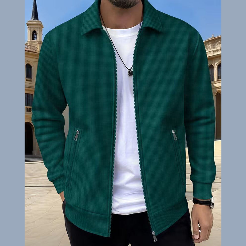 Men's textured zip jacket with shirt collar in dark green