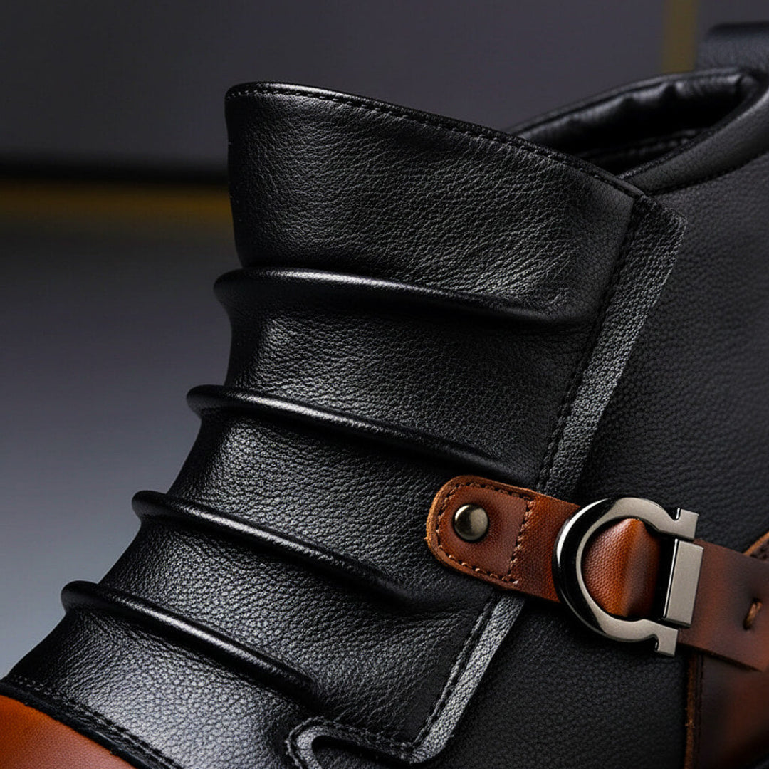 Close-up of the ruched panels and buckle strap