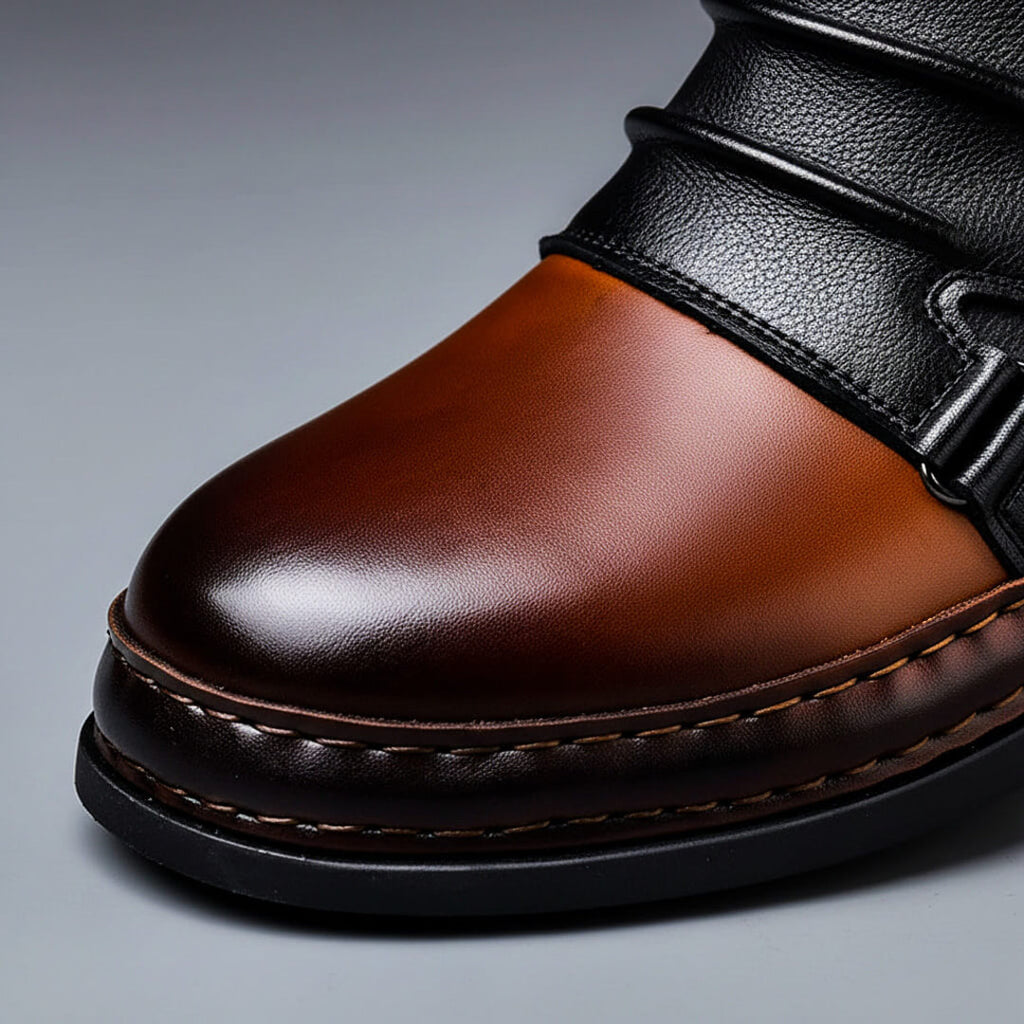 Close-up of the polished cognac toe