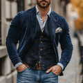 Man wearing a navy vintage blazer and waistcoat set