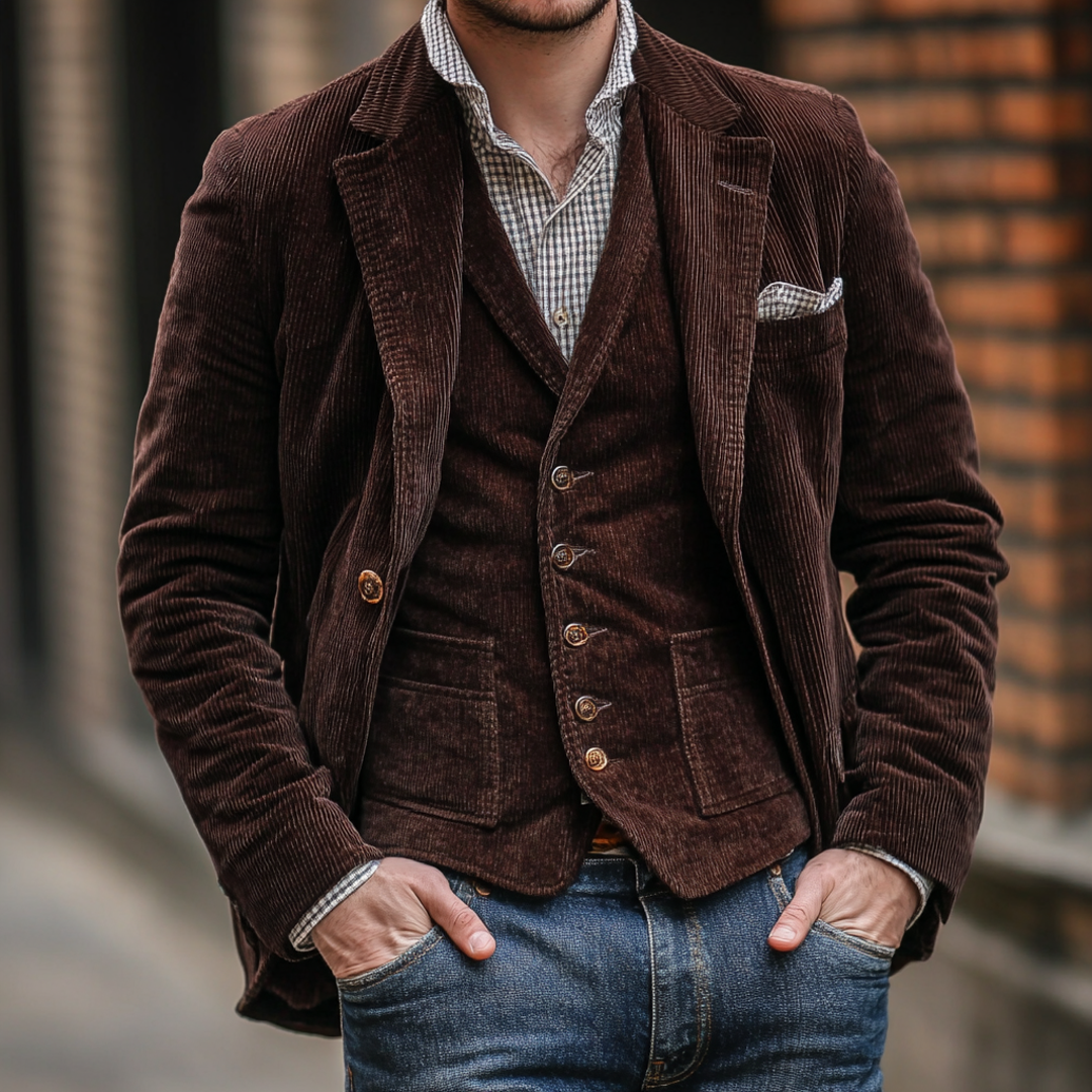 Man wearing a brown blazer with matching waistcoat