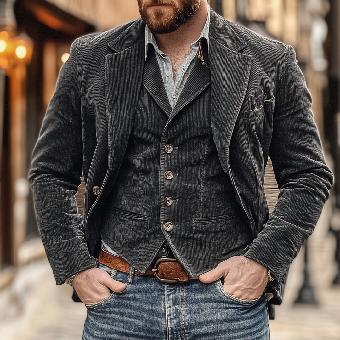 Man wearing a black vintage blazer and waistcoat