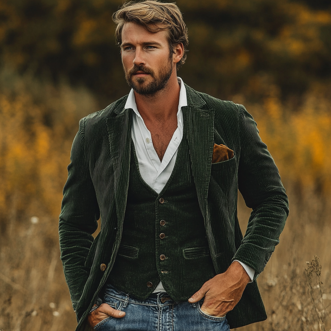 Man wearing a green blazer and waistcoat set outdoors