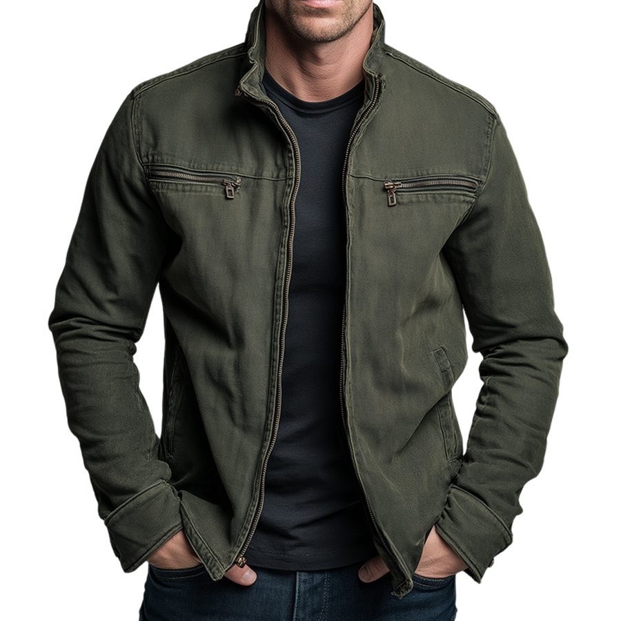 Men's Vintage Style Zip Jacket with Stand Collar for Mild Days