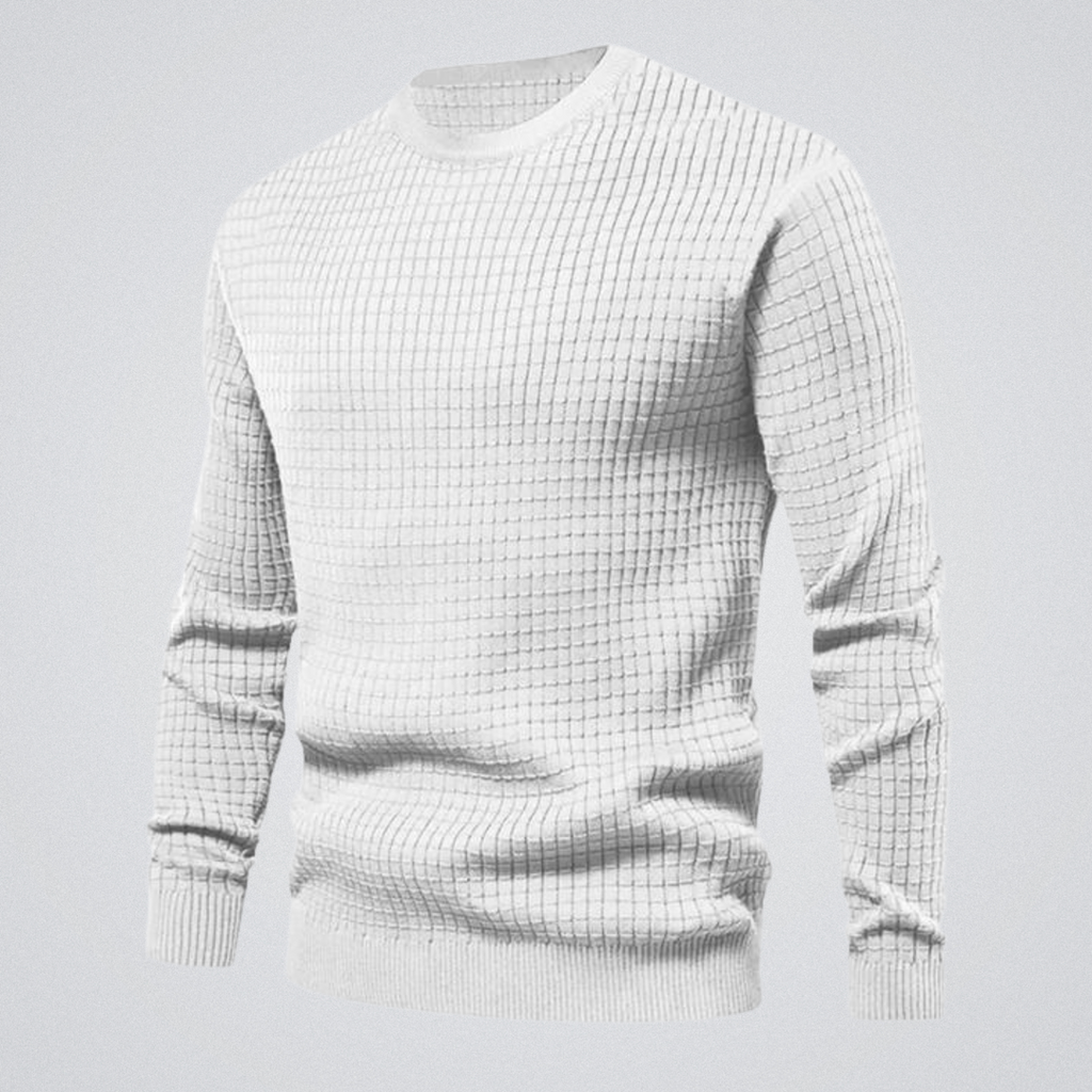 Men's white waffle knit crew neck sweater