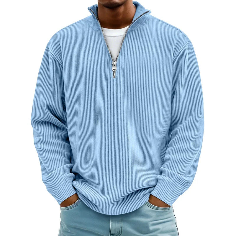 Men's waffle knit half-zip pullover in light blue