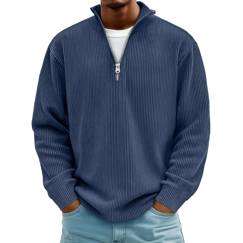 Men's waffle knit half-zip pullover in navy blue