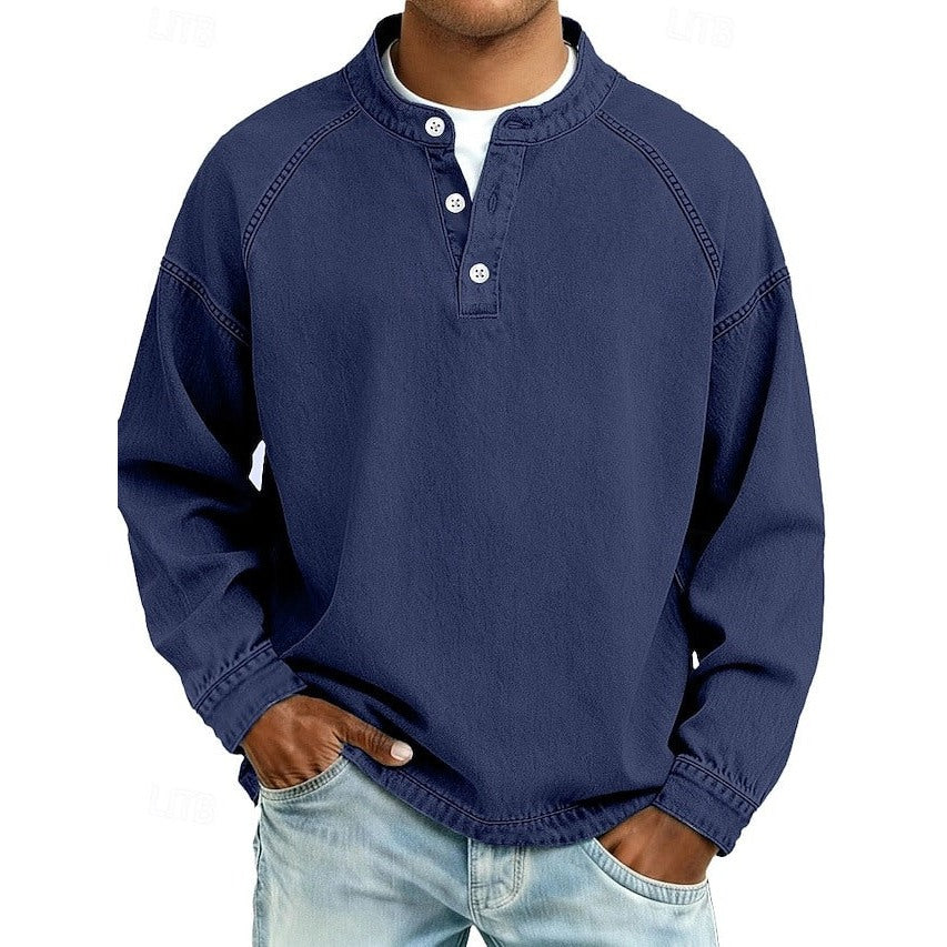Men's washed henley sweatshirt in navy blue