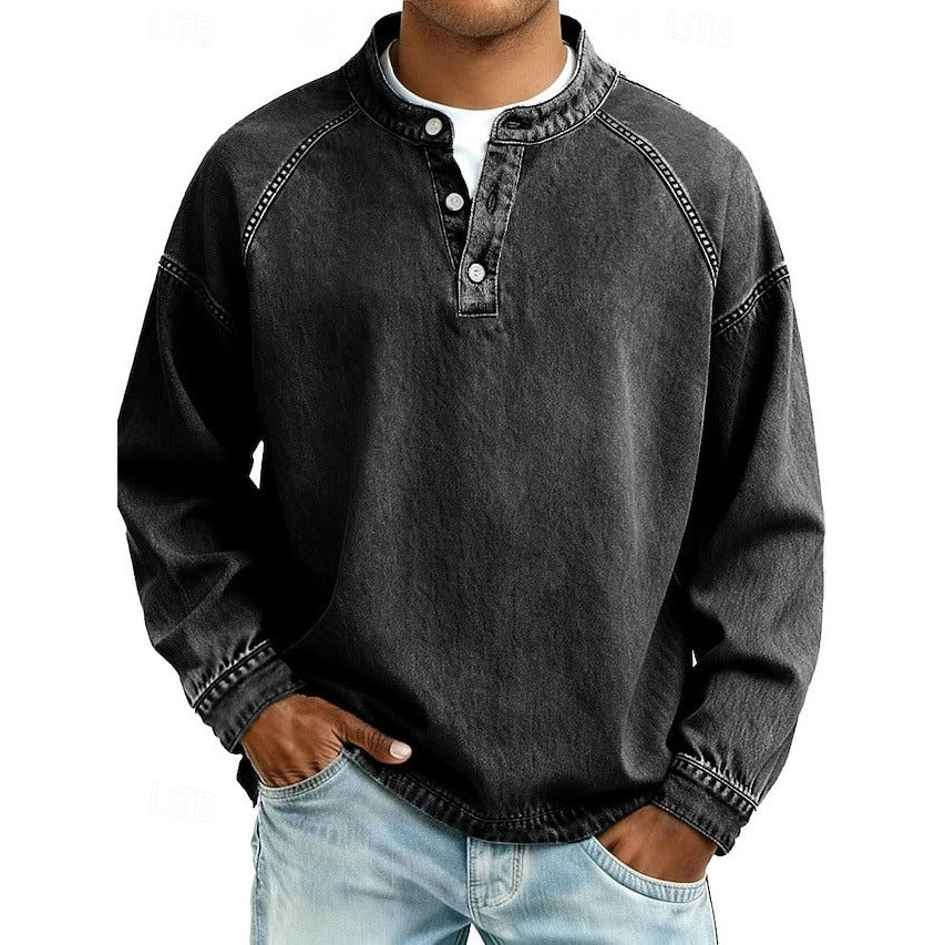 Men's washed henley sweatshirt in black